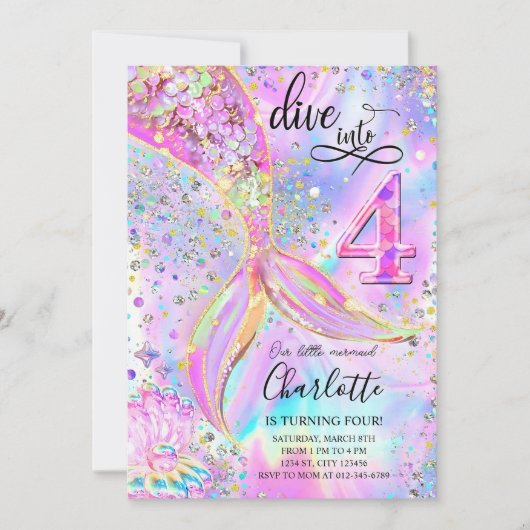 4歳の誕生日マーメイド招待状エディにダイブ 招待状 (正面)