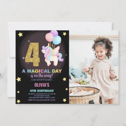 4歳の誕生日ユニコーンバースデー招待状（写真付き） 招待状 (正面)