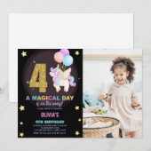 4歳の誕生日ユニコーンバースデー招待状（写真付き） 招待状 (正面/裏面)