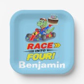 4歳の誕生日恐竜レーシングカー用準備はいい? ペーパープレート (正面)