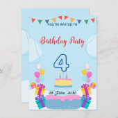 4歳の誕生日招待状 - とっても楽しいパーティーカード🎉 招待状 (正面/裏面)