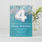 4歳の誕生日招待状 ティールシルバーグリッター 招待状 (スタンド正面)