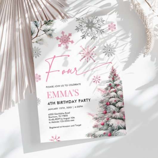 4歳の誕生日招待状、ピンクのウィンター 4歳の誕生日 招待状