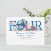 4歳の誕生日招待状 青い海の水中の世界 招待状 (スタンド正面)