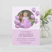 4歳の誕生日招待状 風船 フォト パープル 招待状 (スタンド正面)