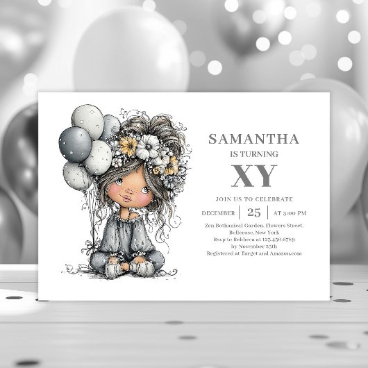4歳の誕生日招待状 黒と金のはじけた女の子 招待状