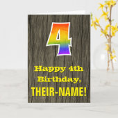 4歳の誕生日素朴:ウッドルックフェイク、レインボー「4」 カード (黄色い花)
