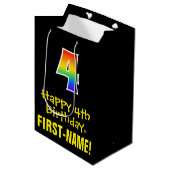 4歳の誕生日:おもしろいはっきりした, カラフル, Rainbow "4" ミディアムペーパーバッグ (正面アングル)