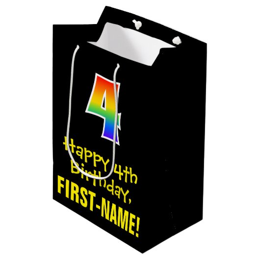 4歳の誕生日：おもしろいはっきりした, カラフル, Rainbow "4" ミディアムペーパーバッグ (正面アングル)
