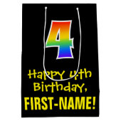 4歳の誕生日:おもしろいはっきりした, カラフル, Rainbow "4" ミディアムペーパーバッグ (裏面)