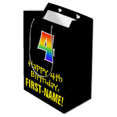 4歳の誕生日:おもしろいはっきりした, カラフル, Rainbow "4" ミディアムペーパーバッグ (裏面アングル)