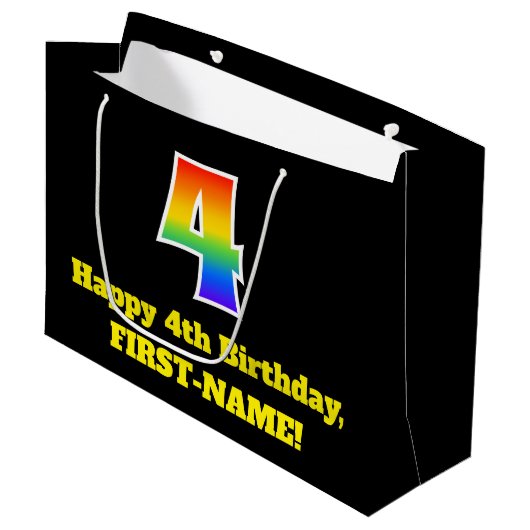4歳の誕生日~おもしろいカラフル,, 鮮やか, Rainbow 4 ラージペーパーバッグ (正面アングル)