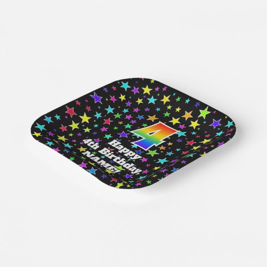 4歳の誕生日：おもしろいスターのパターンと虹"4" ペーパープレート (傾斜あり)