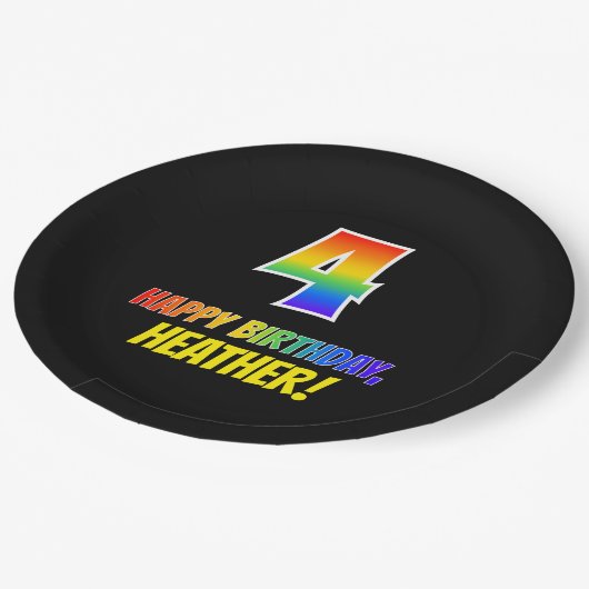 4歳の誕生日:はっきりしたおもしろい、シンプル虹、虹4 ペーパープレート (アングル)