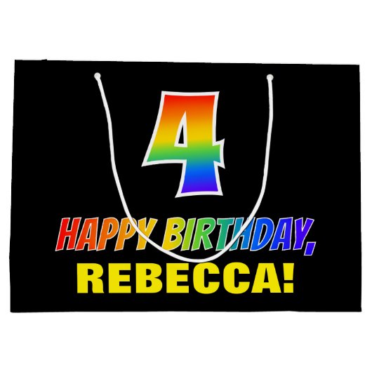 4歳の誕生日：はっきりしたおもしろい、シンプル虹、虹4 ラージペーパーバッグ (裏面)