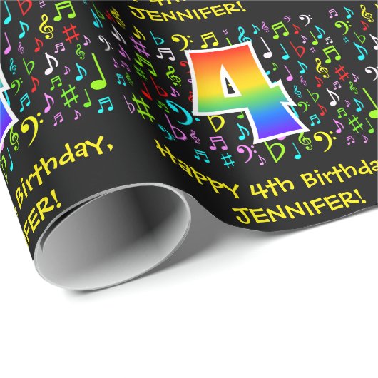 4歳の誕生日:カラフル音楽シンボルRainbow 4 ラッピングペーパー (ロールコーナー)