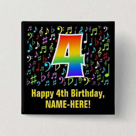 4歳の誕生日：カラフル音楽シンボルRainbow 4 缶バッジ (正面)