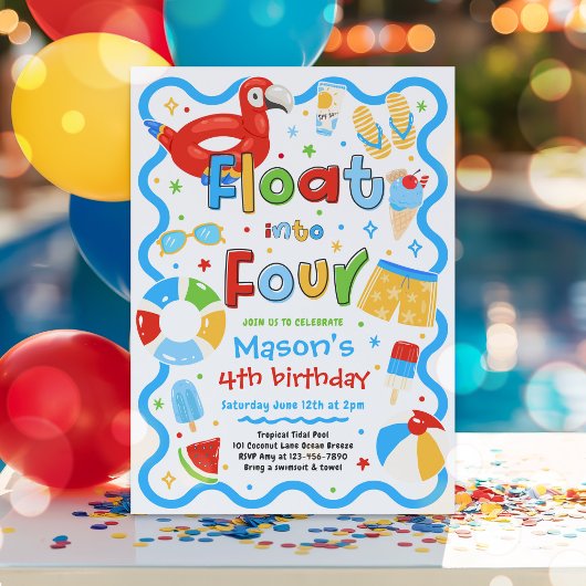 4歳の誕生日 サマープールパーティーに浮かんで 招待状