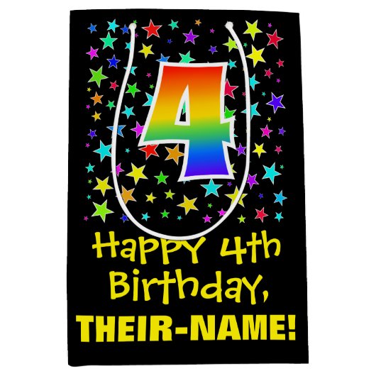 4歳の誕生日：スターカラフルパターン&レインボー4 ミディアムペーパーバッグ (正面)
