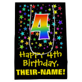 4歳の誕生日：スターカラフルパターン&レインボー4 ミディアムペーパーバッグ (裏面)