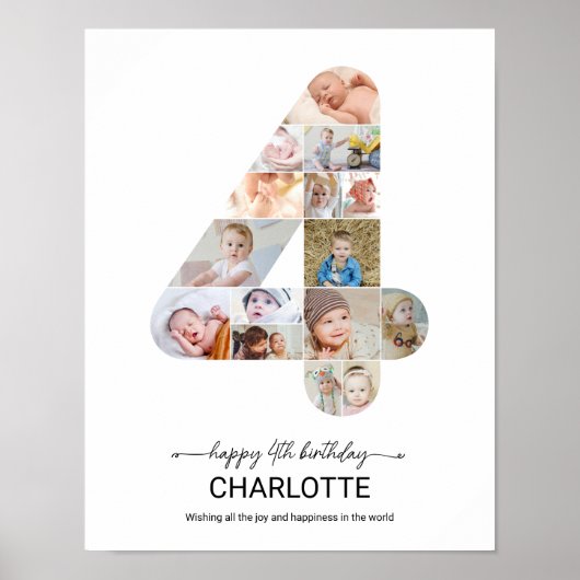 4歳の誕生日 ナンバー4 フォトコラージュ オーダーメイド 写真 ポスター (正面)