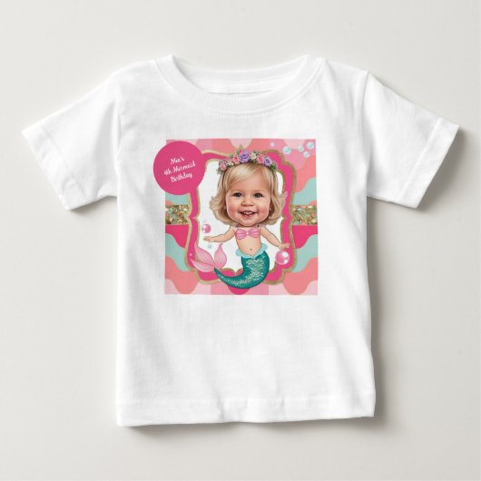 4歳の誕生日 ピンクとターコイズのマーメイドの似顔絵 ベビーTシャツ (正面)