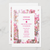 4歳の誕生日  ピンクの桜の花の模様の4歳のカスタム年齢 招待状 (正面/裏面)