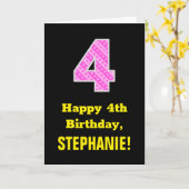 4歳の誕生日：ピンクストライプのハートと誕生日"4" +名前 カード (黄色い花)