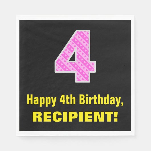 4歳の誕生日:ピンクストライプのハートと誕生日"4" +名前 スタンダードランチョンナプキン (正面)