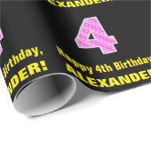 4歳の誕生日:ピンクストライプのハートと誕生日"4" +名前 ラッピングペーパー (ロールコーナー)