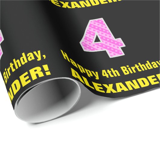 4歳の誕生日:ピンクストライプのハートと誕生日"4" +名前 ラッピングペーパー (ロールコーナー)