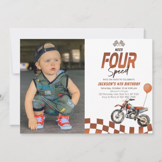 4歳の誕生日 フォースピード ダートバイク男子の写真 招待状 (正面)