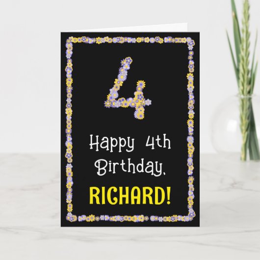 4歳の誕生日：フローラ花数，名前をカスタムする カード (正面)