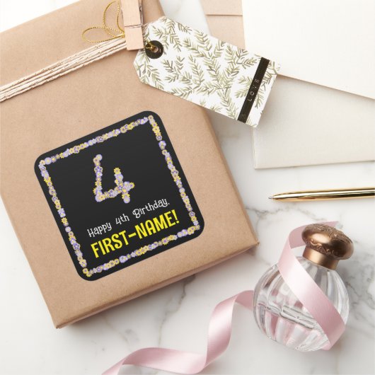 4歳の誕生日:フローラ花数,名前をカスタムする スクエアシール (ギフト)