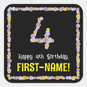4歳の誕生日:フローラ花数,名前をカスタムする スクエアシール (正面)