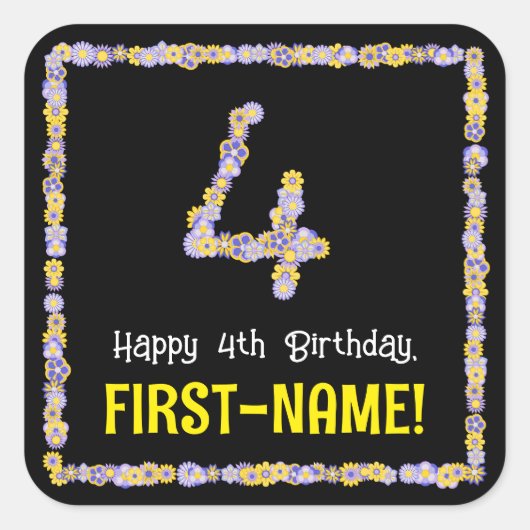 4歳の誕生日:フローラ花数,名前をカスタムする スクエアシール (正面)