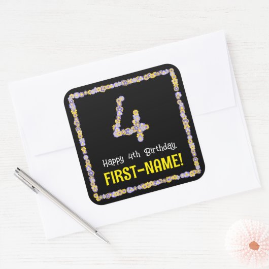 4歳の誕生日：フローラ花数，名前をカスタムする スクエアシール (封筒)