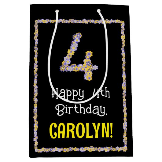 4歳の誕生日：フローラ花数，名前をカスタムする ミディアムペーパーバッグ (正面)