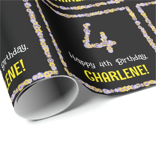 4歳の誕生日:フローラ花数,名前をカスタムする ラッピングペーパー (ロールコーナー)