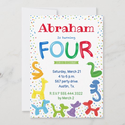 4歳の誕生日 動物の風船 招待状 (正面)