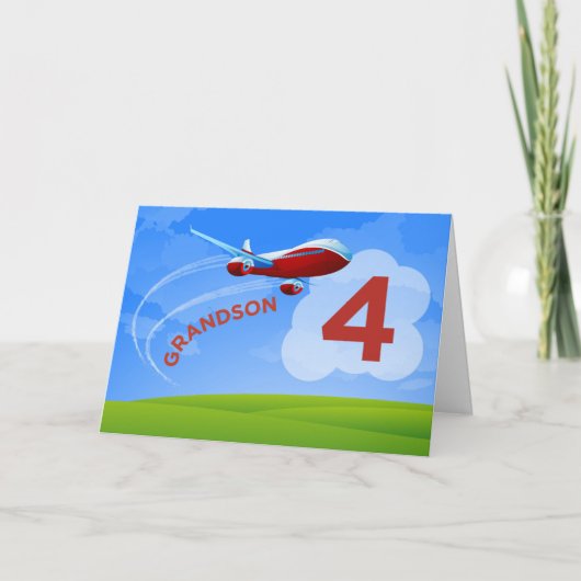 4歳の誕生日、孫、赤い飛行機 カード (正面)