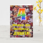 4歳の誕生日、素朴紅葉、虹「4」 カード (黄色い花)