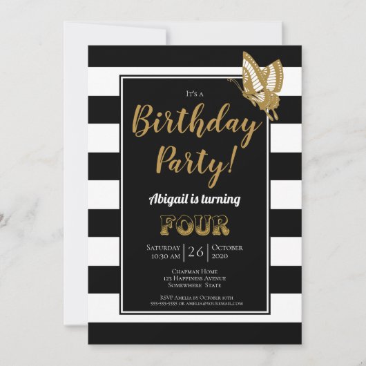 4歳の誕生日 黒と白のストライプ パーティー 招待状 (正面)