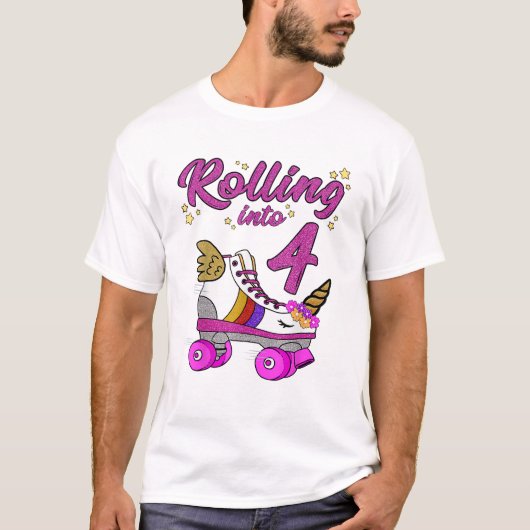 4歳の誕生日Tシャツ ユニコーン ローラー スカ Tシャツ (正面)