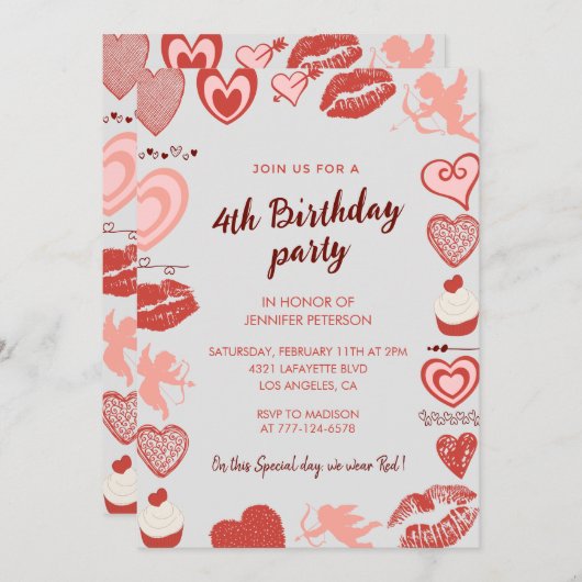 4歳エレガントの誕生日招待状グレイ赤いハート 招待状 (正面/裏面)