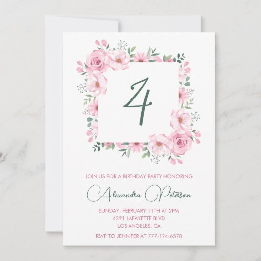 4歳エレガントの誕生日招待状フローラピンク 招待状 (正面)
