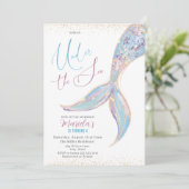 4歳エレガント目の誕生日の下の水色の人魚の尾 招待状 (スタンド正面)