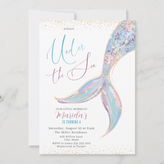 4歳エレガント目の誕生日の下の水色の人魚の尾 招待状 (正面)