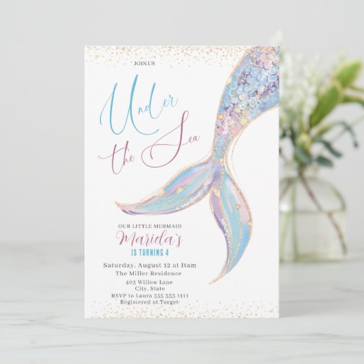 4歳エレガント目の誕生日の下の水色の人魚の尾 招待状 (スタンド正面)