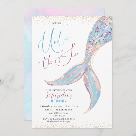 4歳エレガント目の誕生日の下の水色の人魚の尾 招待状 (正面/裏面)